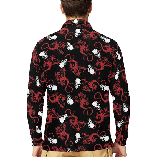 Skull With Red Dragon Print Design LKS304 Long Sleeve Polo Shirt For Men's