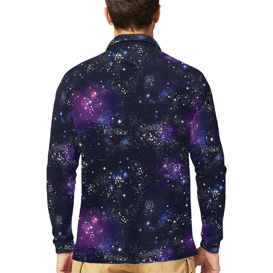 Cosmic Pattern Print Design 03 Long Sleeve Polo Shirt For Men's