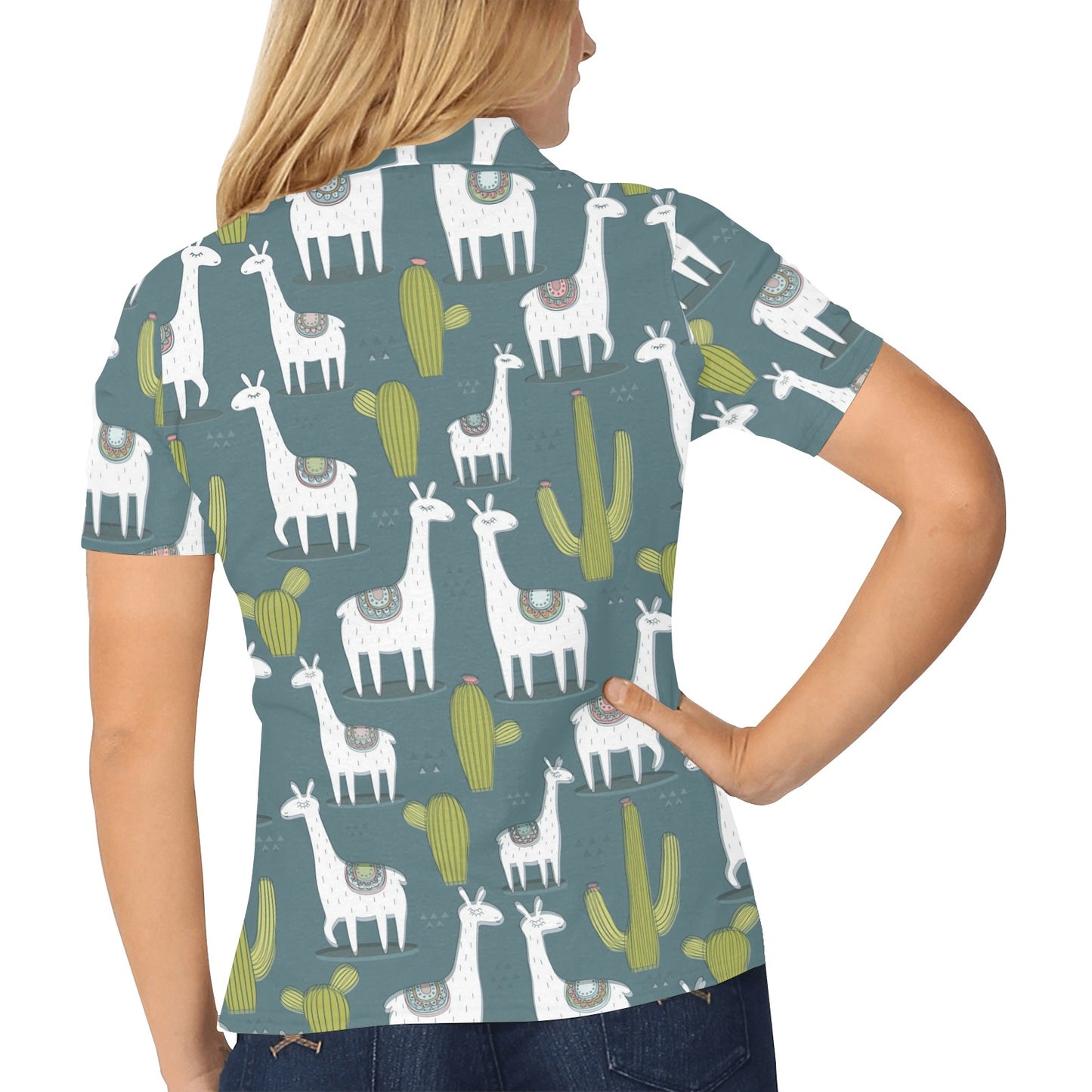 Llama Cactus Pattern Print Design 03 Women's Polo Shirt