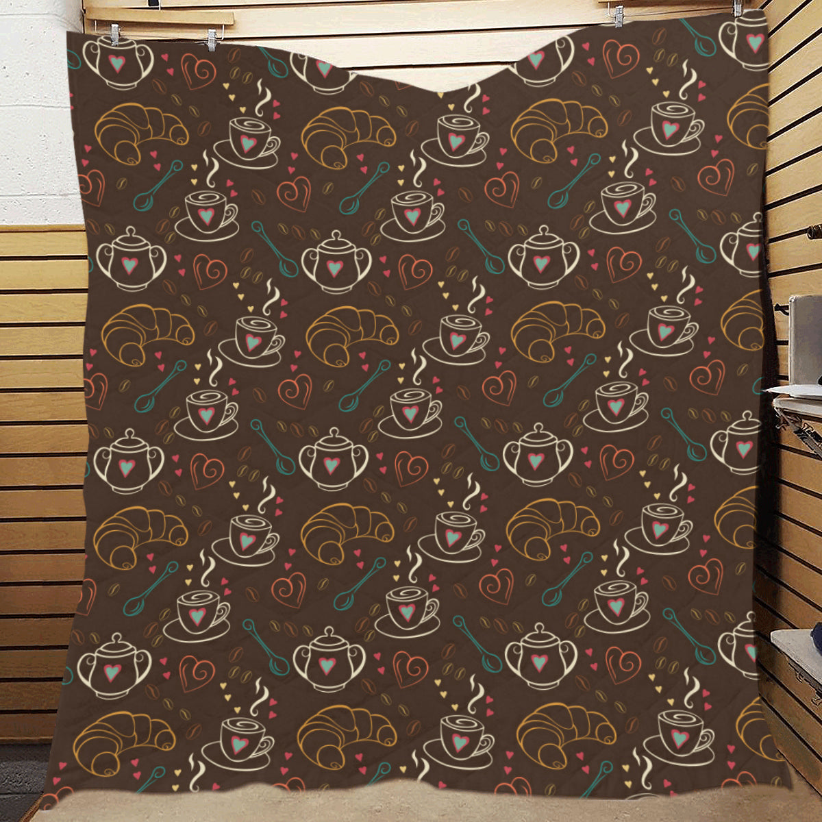 Coffee Pattern Print Design 06 Premium Quilt