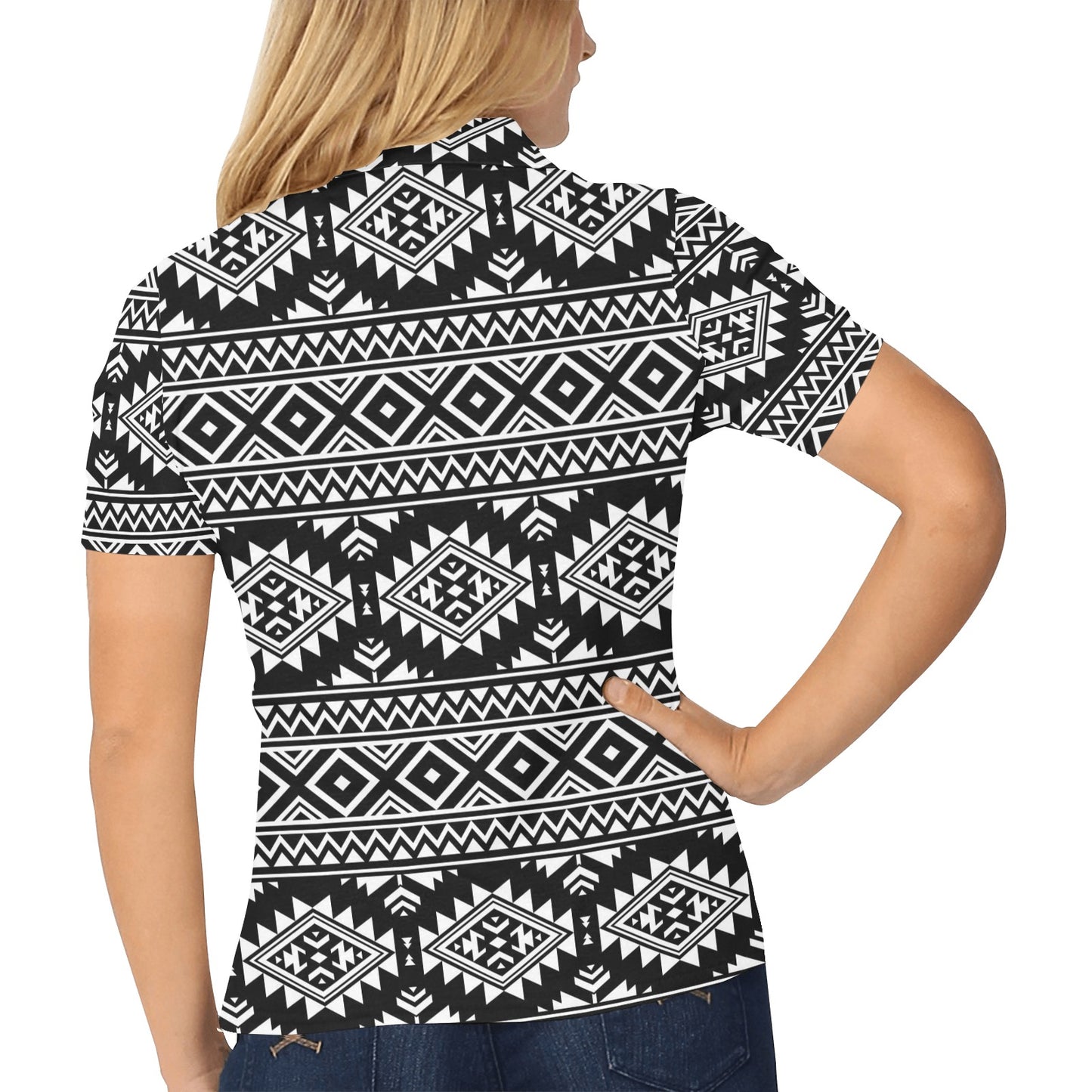 Aztec Black White Print Pattern Women's Polo Shirt