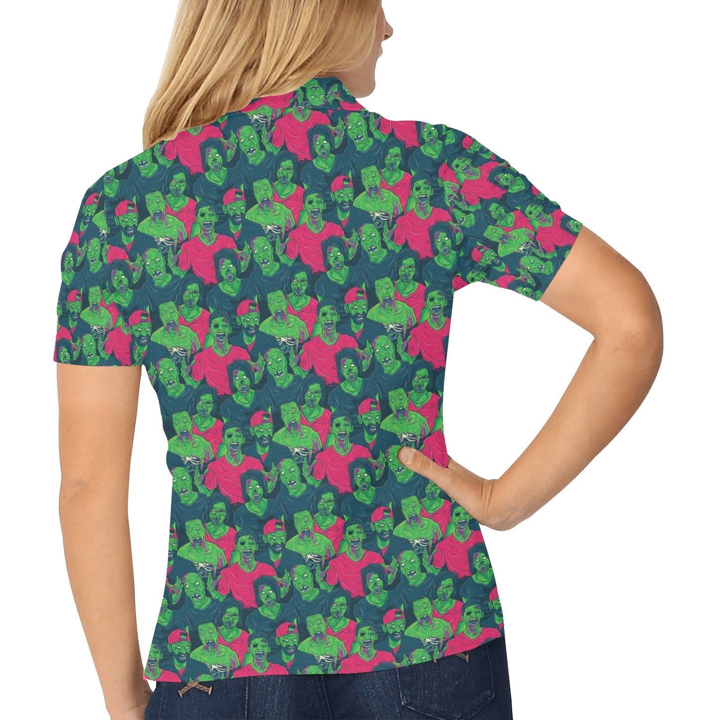 Zombie Themed Design Pattern Print Women's Polo Shirt