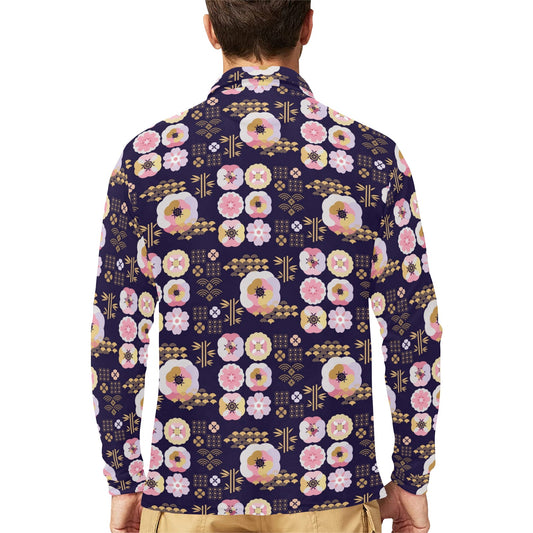 Sakura Japan Style Print Design LKS302 Long Sleeve Polo Shirt For Men's