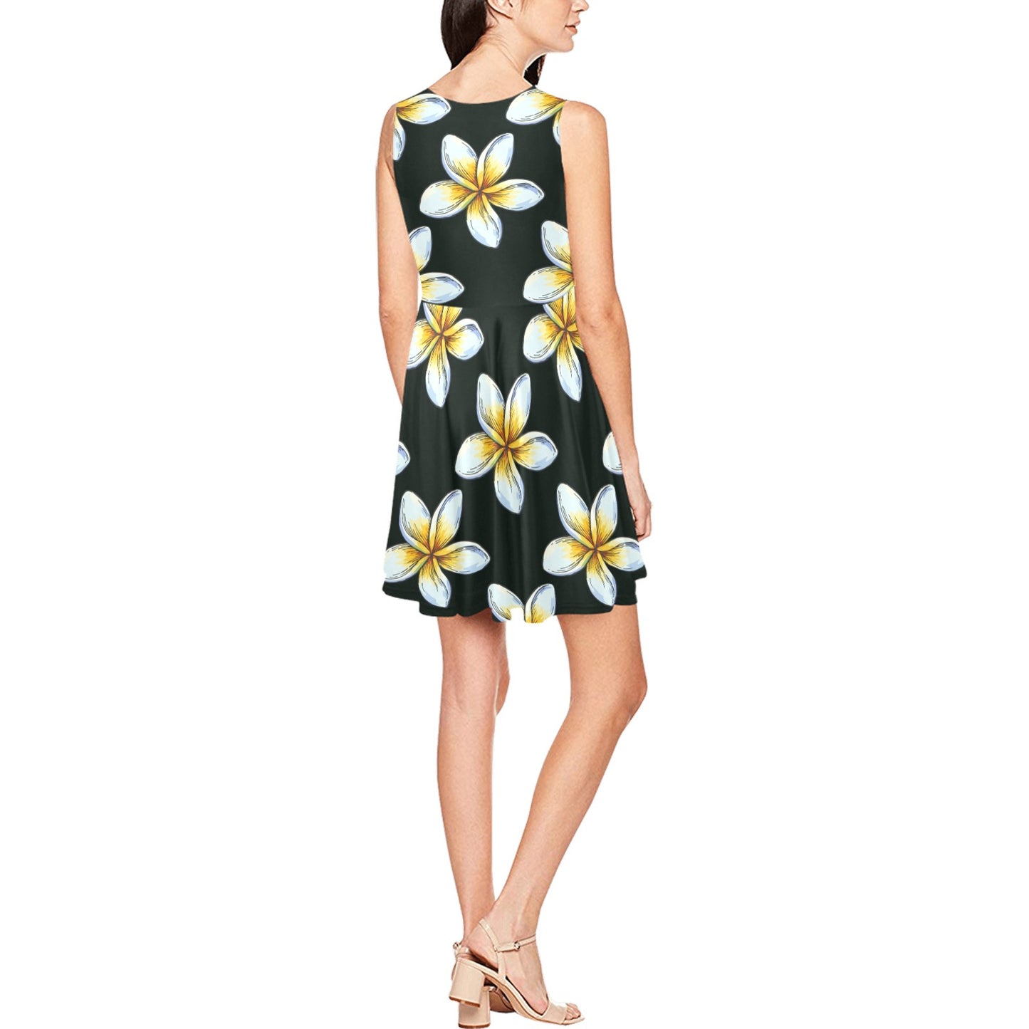 White Plumeria Pattern Print Design PM022 Sleeveless Dress