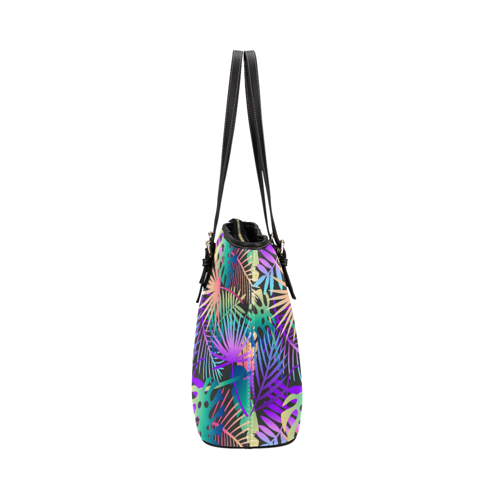 Neon Flower Tropical Palm Leaves Leather Tote Bag