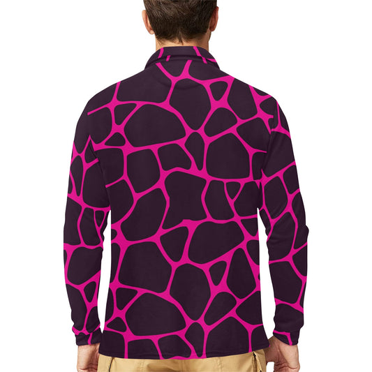 Giraffe Pink Background Texture Print Long Sleeve Polo Shirt For Men's