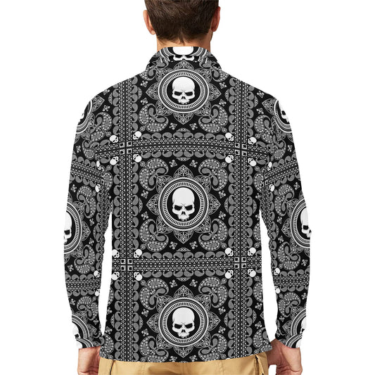 Bandana Skull Print Design LKS303 Long Sleeve Polo Shirt For Men's