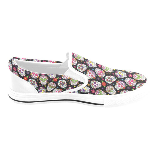 Sugar Skull Print Design LKS302 White Slip Ons Canvas Women's Shoes