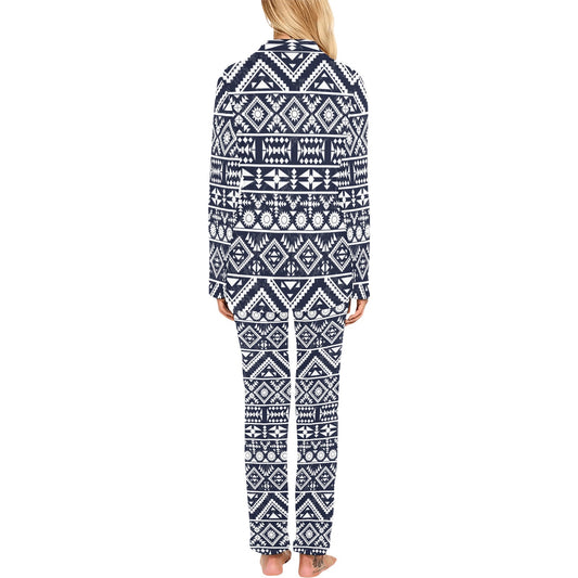 Blue White Tribal Aztec Women's Long Pajama Set