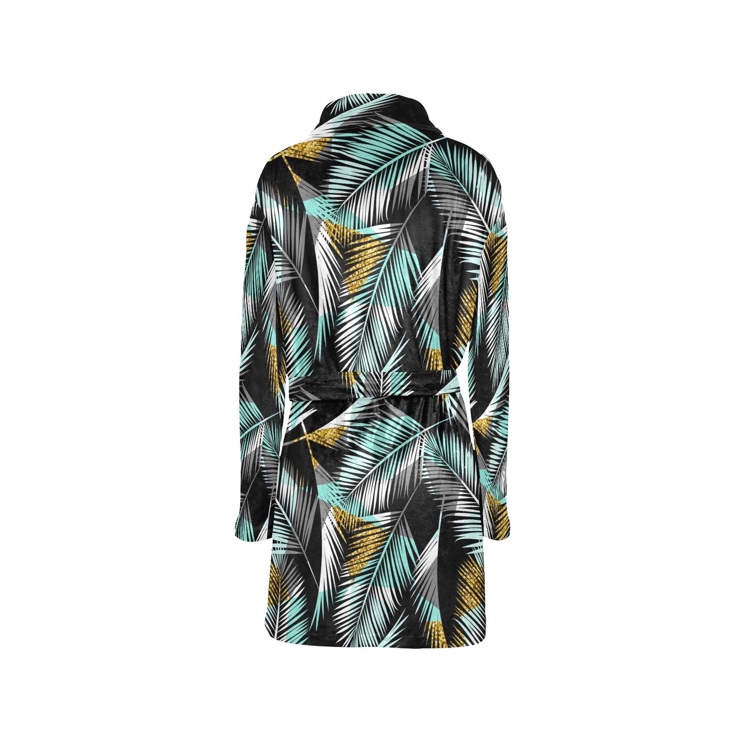 Gold Glitter Cyan Tropical Palm Leaves Women's Fleece Robe