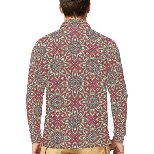 Bohemian Pattern Print Design 03 Long Sleeve Polo Shirt For Men's
