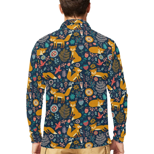 Fox Cute Jungle Print Pattern Long Sleeve Polo Shirt For Men's