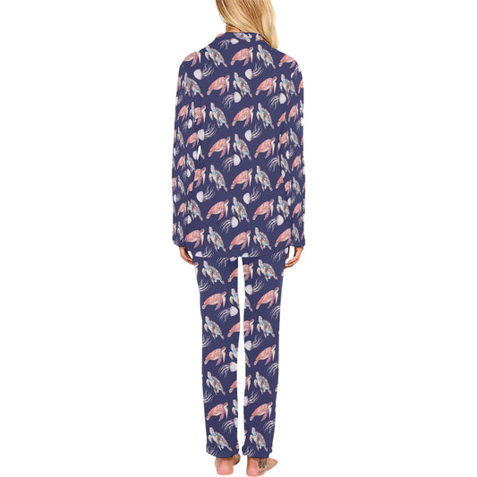 Sea Turtle With Jelly Fish Print Design LKS301 Women's Long Pajama Set