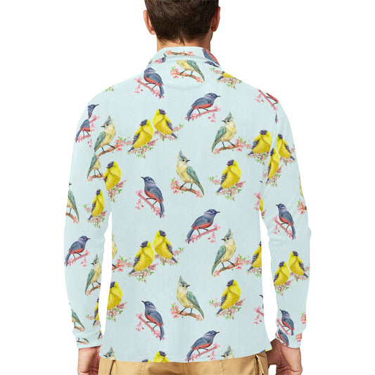 Bird Sweet Themed Print Pattern Long Sleeve Polo Shirt For Men's