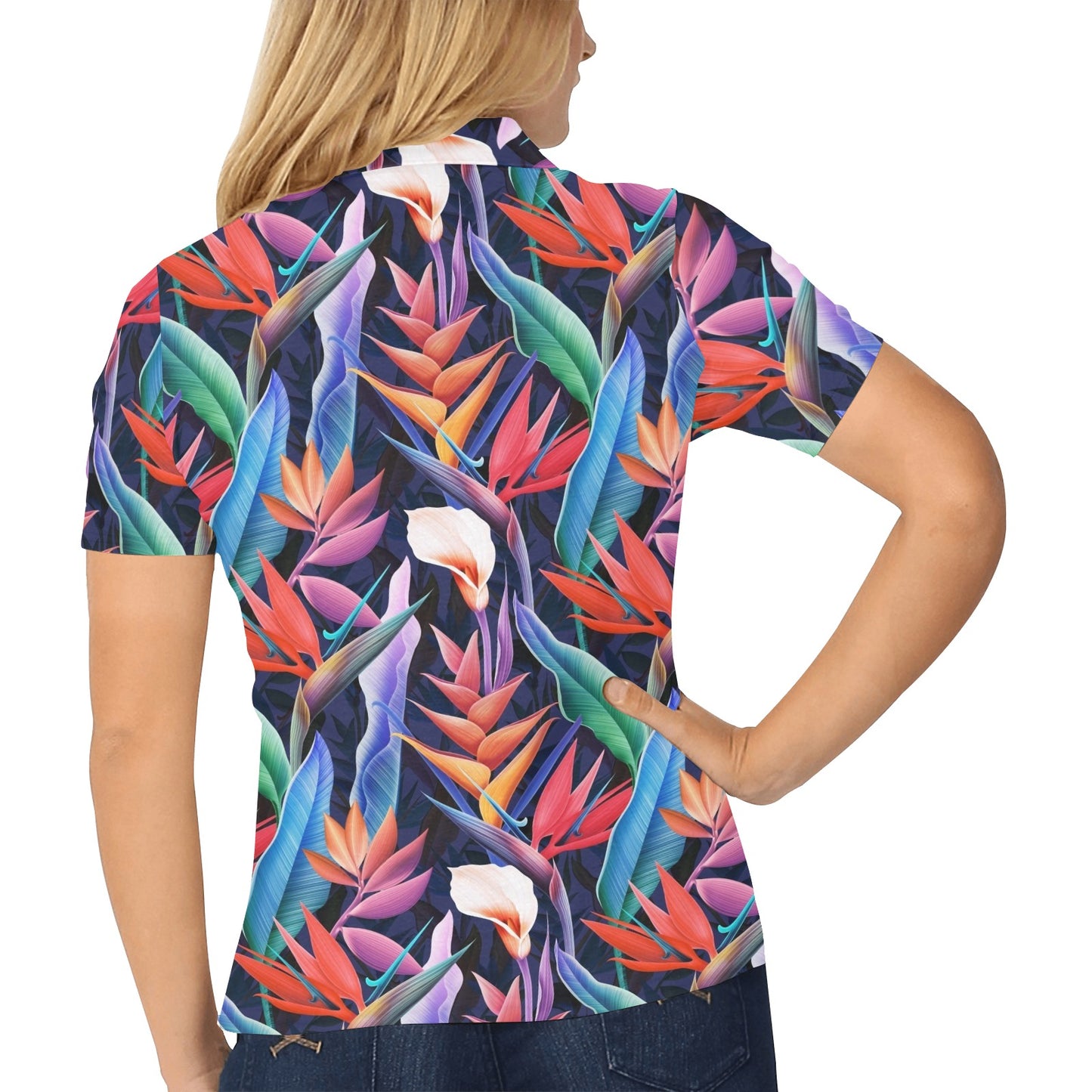 Tropical Flower Pattern Print Design TF023 Women's Polo Shirt