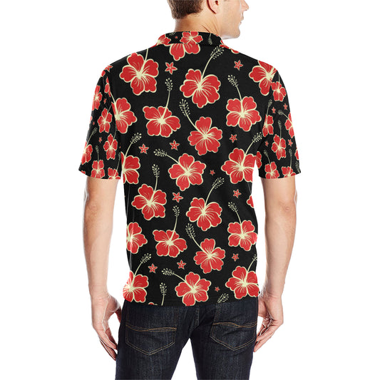 Red Hibiscus Pattern Print Design HB021 Men Polo Shirt