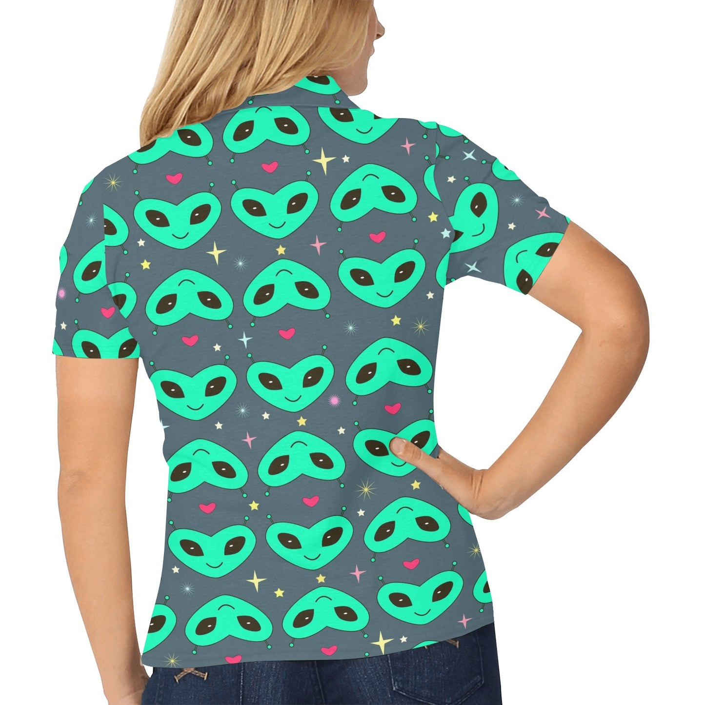 Alien Head Heart Pattern Print Design 03 Women's Polo Shirt