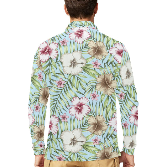 Tropical Flower Pattern Print Design TF05 Long Sleeve Polo Shirt For Men's