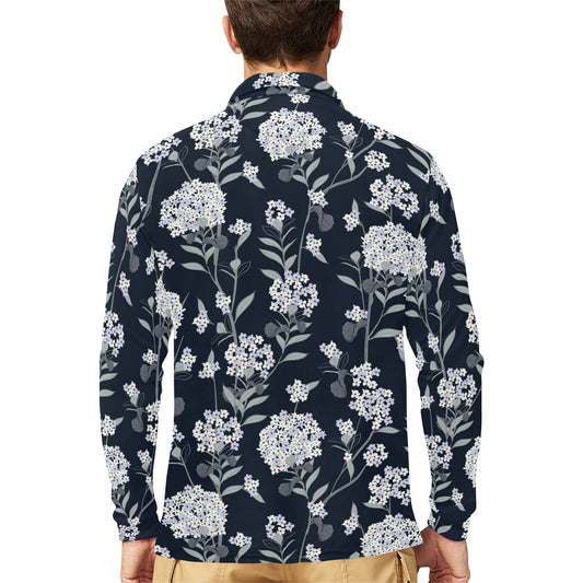 Hydrangea Pattern Print Design HD07 Long Sleeve Polo Shirt For Men's