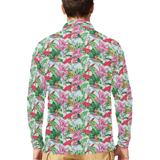 Tropical Flower Print Design LKS304 Long Sleeve Polo Shirt For Men's