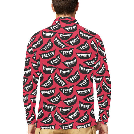 Vampire Lips Print Design LKS305 Long Sleeve Polo Shirt For Men's