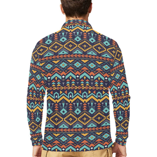 Aztec Style Print Pattern Long Sleeve Polo Shirt For Men's