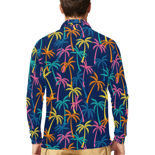 Palm Tree Pattern Print Design PT013 Long Sleeve Polo Shirt For Men's