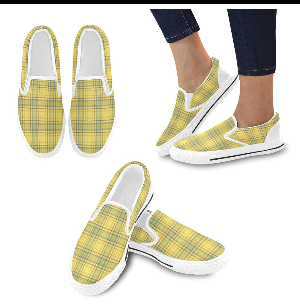 Tartan Yellow Print Design LKS301 White Slip Ons Canvas Women's Shoes