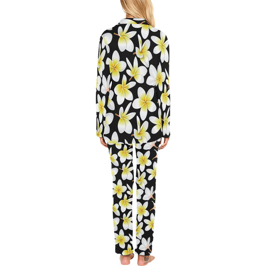 Yellow Plumeria Hawaiian Flowers Women's Long Pajama Set