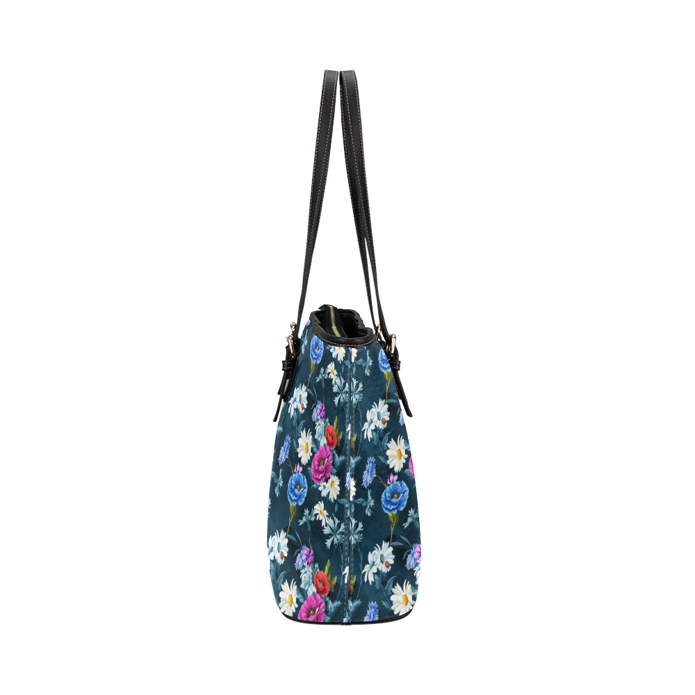 Floral Blue Themed Print Leather Tote Bag