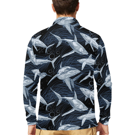 Shark Print Pattern Long Sleeve Polo Shirt For Men's