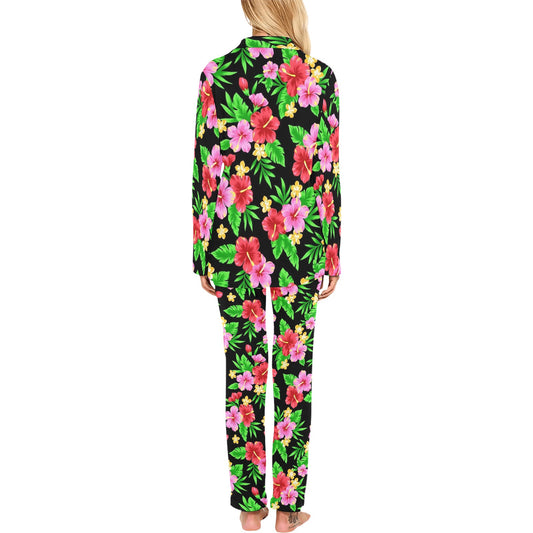 Pink Red Hibiscus Pattern Print Design HB023 Women's Long Pajama Set