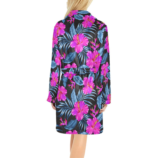 Neon Pink Hibiscus Pattern Print Design HB015 Women's Fleece Robe