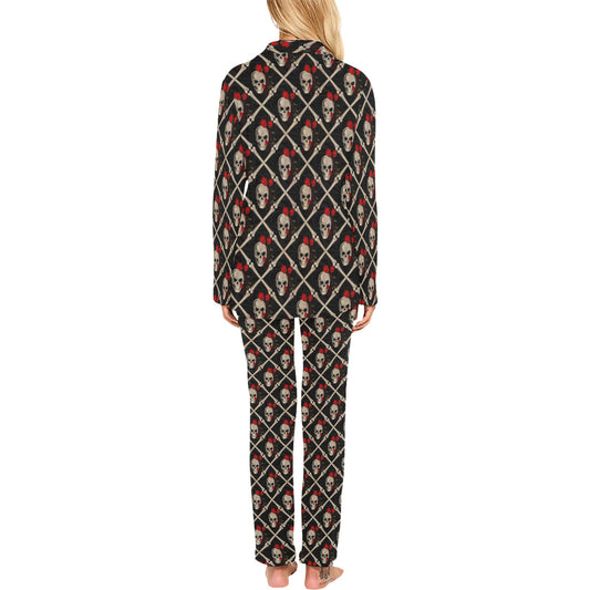 Skull Roses Bone Design Themed Print Women's Long Pajama Set