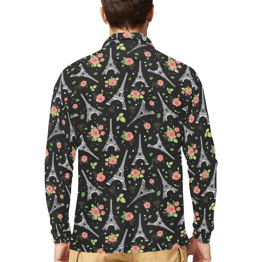 Eiffel Tower Rose Print Long Sleeve Polo Shirt For Men's