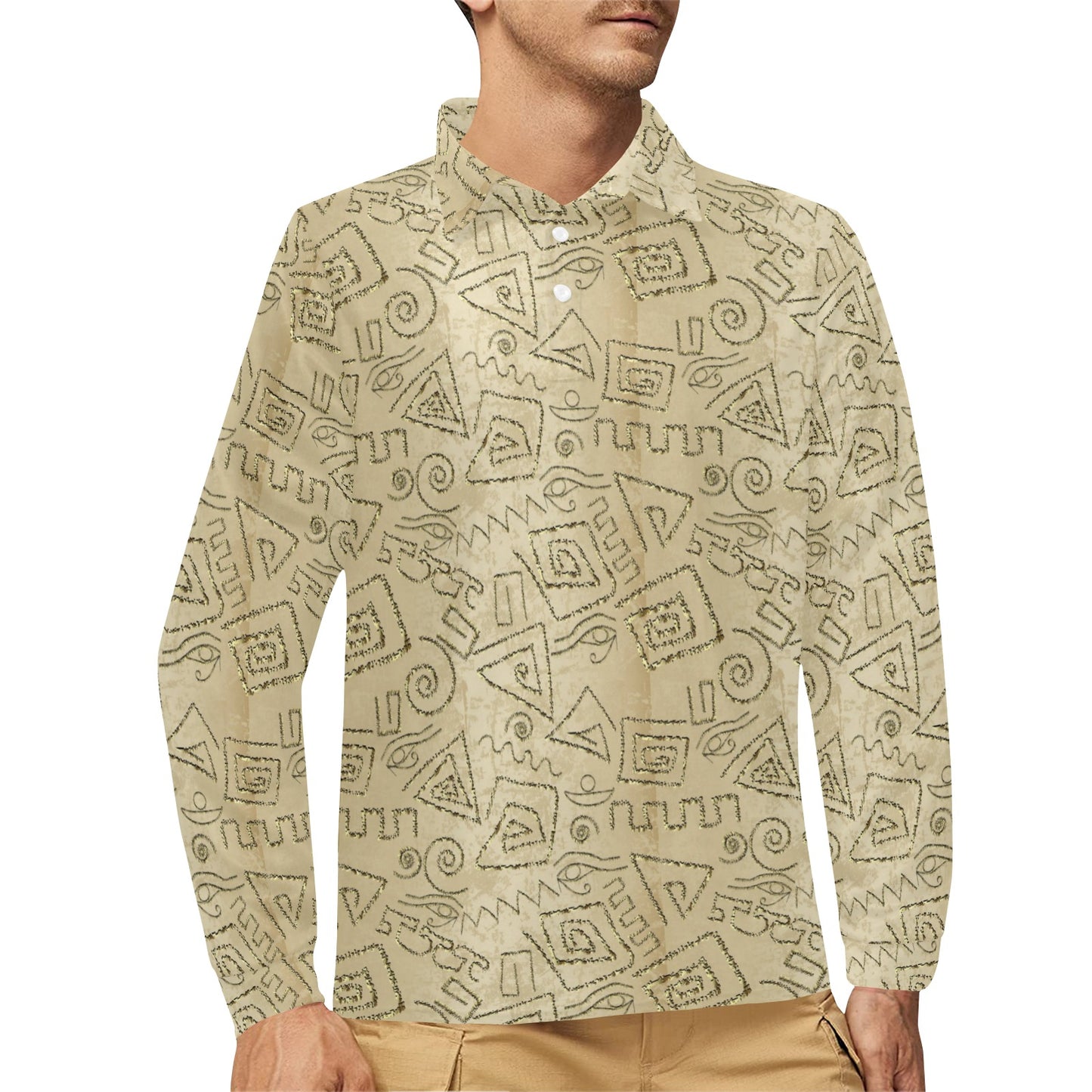 Ancient Greek Print Design LKS3013 Long Sleeve Polo Shirt For Men's