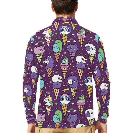 Ice Cream Pattern Print Design IC07 Long Sleeve Polo Shirt For Men's