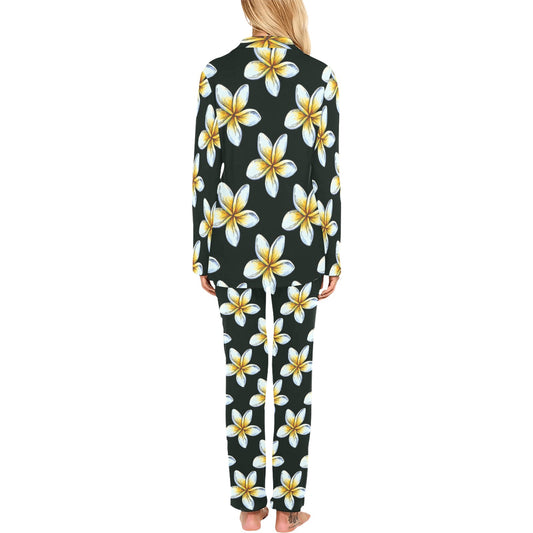 White Plumeria Pattern Print Design PM022 Women's Long Pajama Set