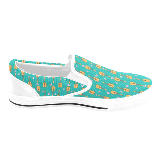 Ukulele Print Design LKS403 White Slip Ons Canvas Women's Shoes