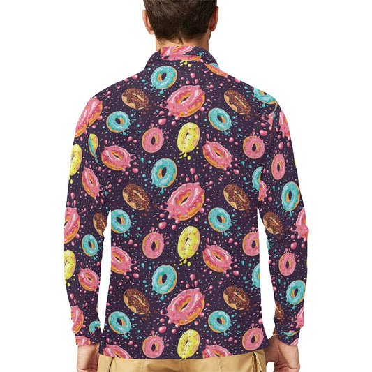 Donut Pattern Print Design DN03 Long Sleeve Polo Shirt For Men's
