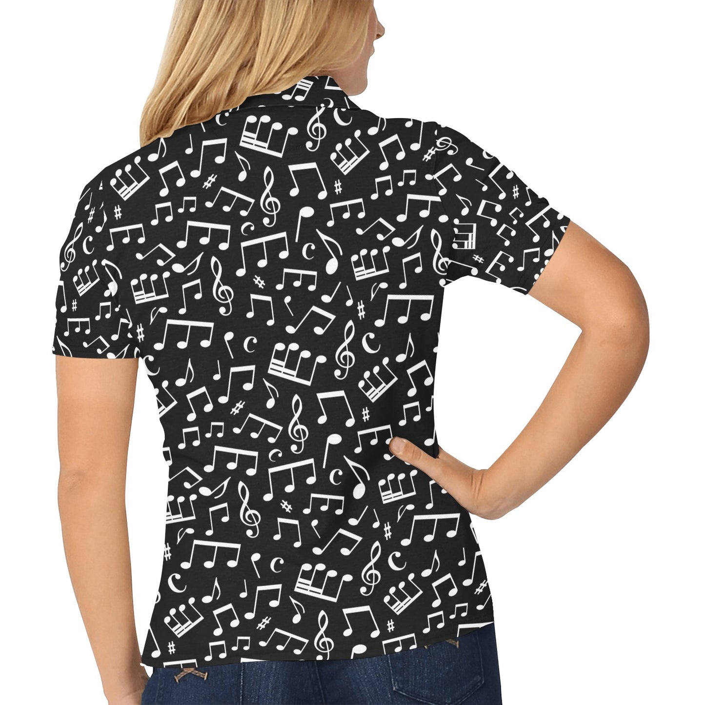 Music Note Black white Themed Print Women's Polo Shirt