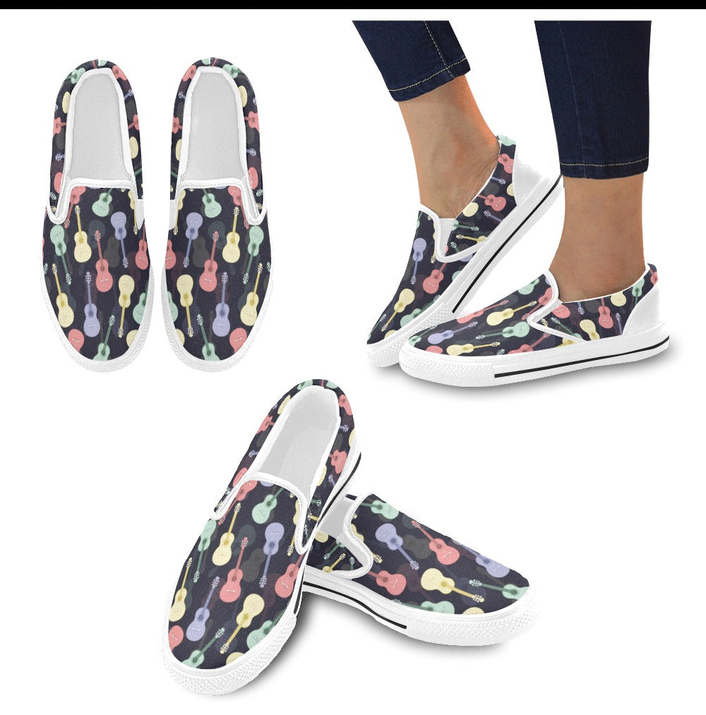 Acoustic Guitar Print Design LKS401 White Slip Ons Canvas Women's Shoes