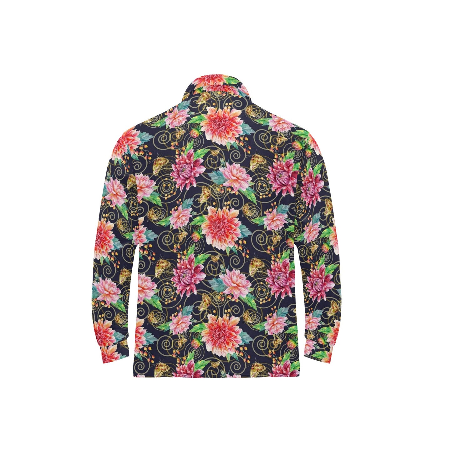 Dahlia Pattern Print Design DH02 Long Sleeve Polo Shirt For Men's