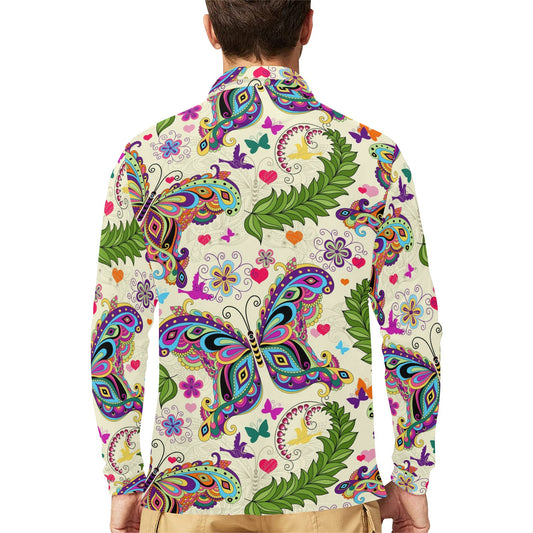 Butterfly Colorful Indian Style Long Sleeve Polo Shirt For Men's