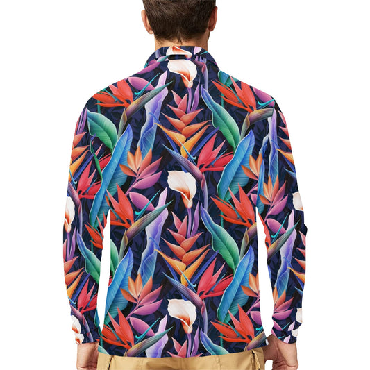 Tropical Flower Pattern Print Design TF023 Long Sleeve Polo Shirt For Men's