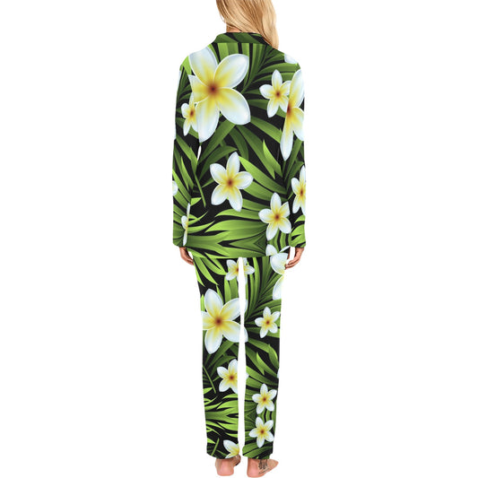 White Plumeria Pattern Print Design PM06 Women's Long Pajama Set