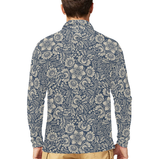 Elegant Floral Print Pattern Long Sleeve Polo Shirt For Men's