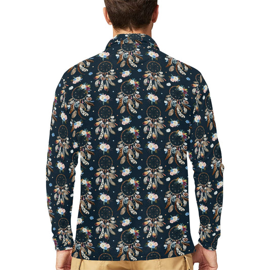 Dream Catcher Boho Floral Style Long Sleeve Polo Shirt For Men's
