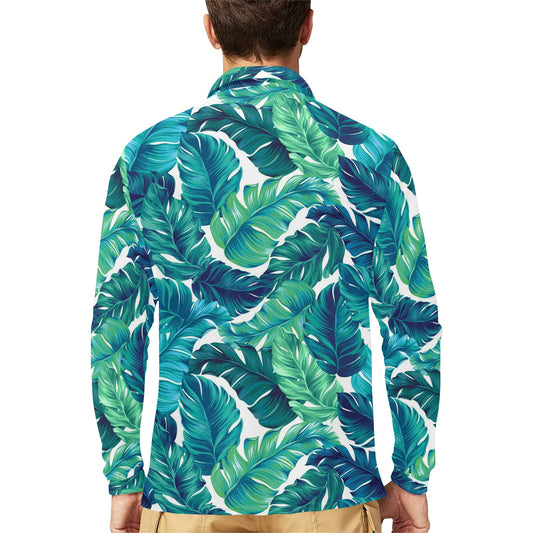 Brightness Tropical Palm Leaves Long Sleeve Polo Shirt For Men's
