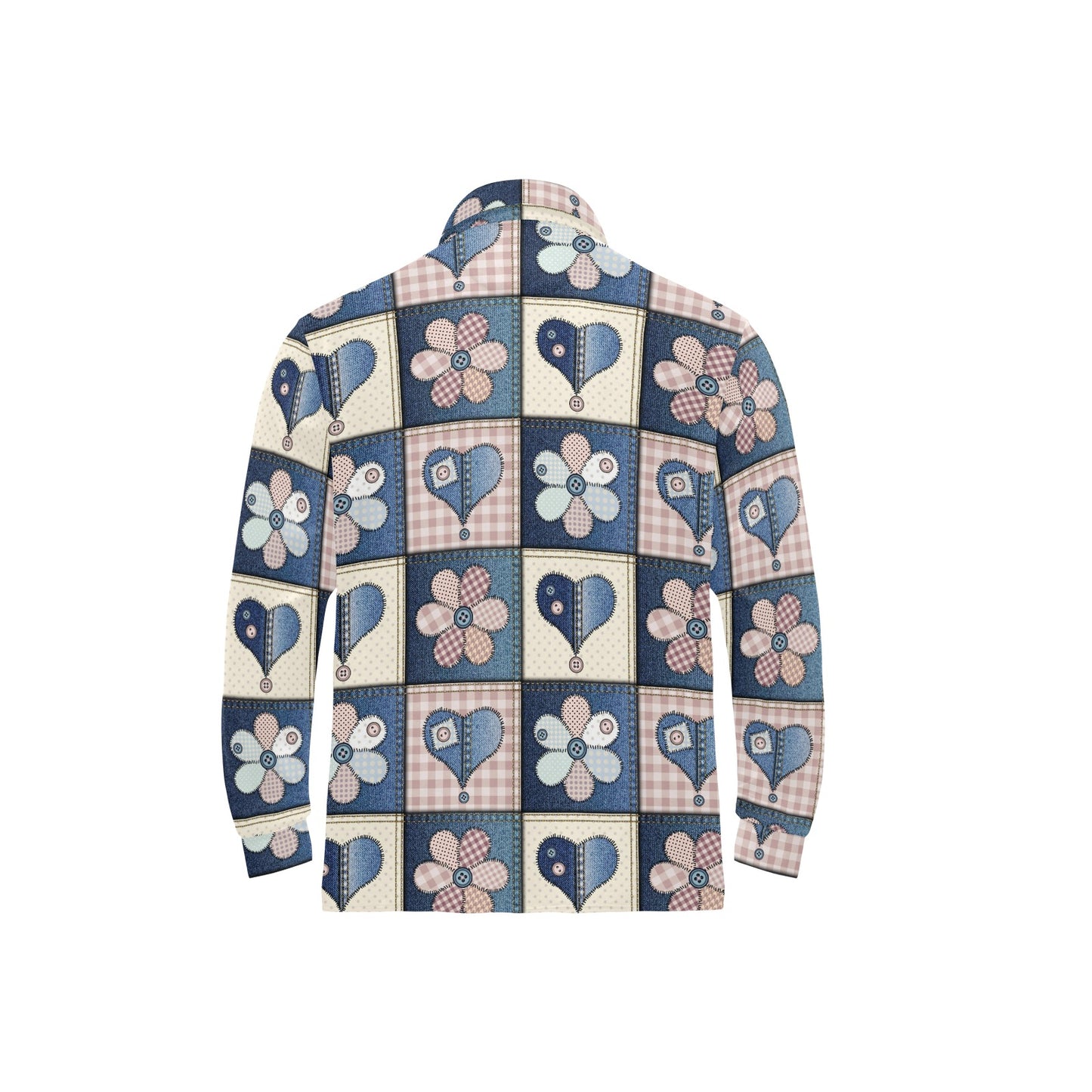 Patchwork Heart Flower Pattern Print Design 01 Long Sleeve Polo Shirt For Men's